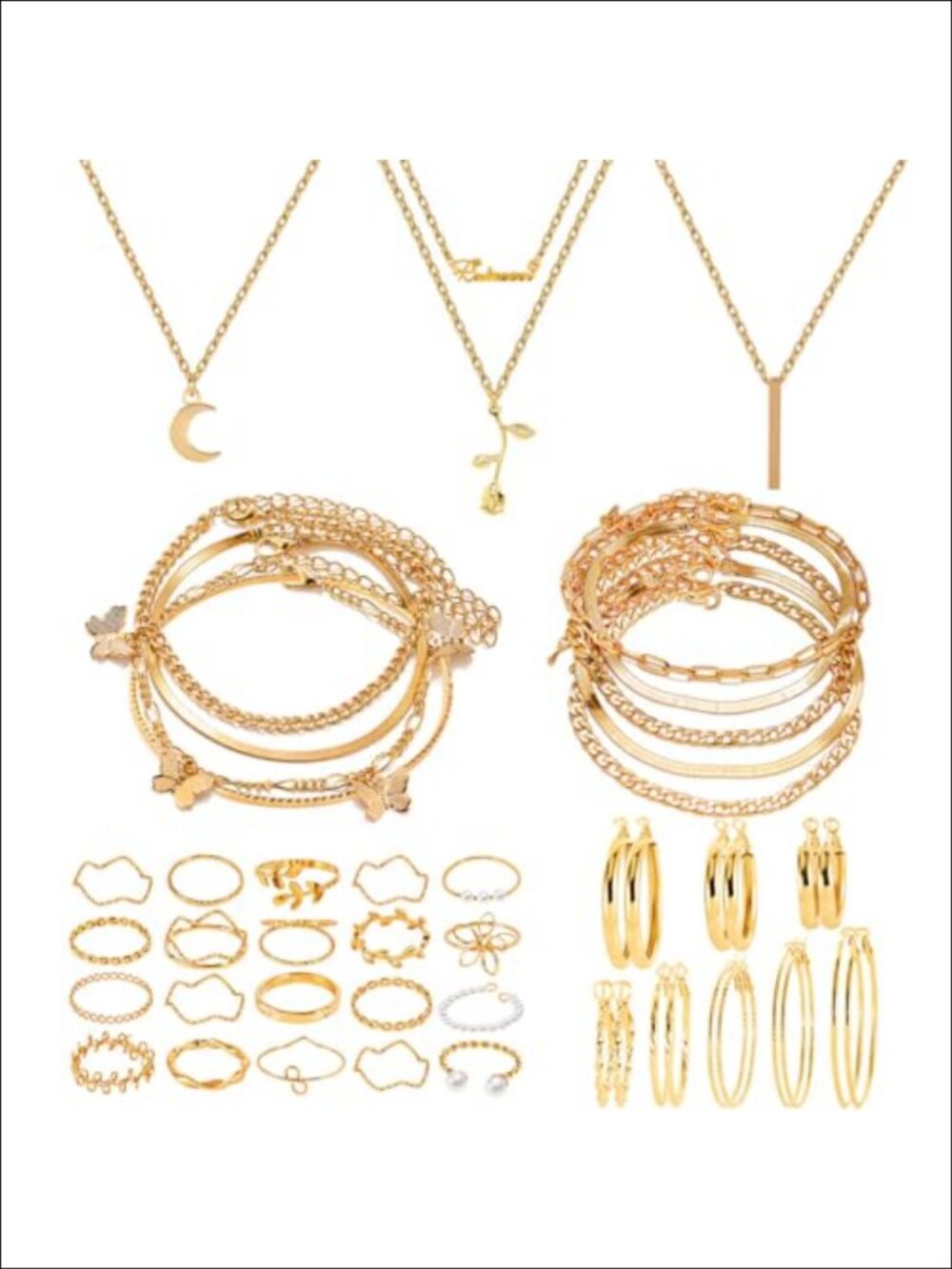 Gold Tone Alloy Jewelry Set Necklace Bracelet Earrings Rings
